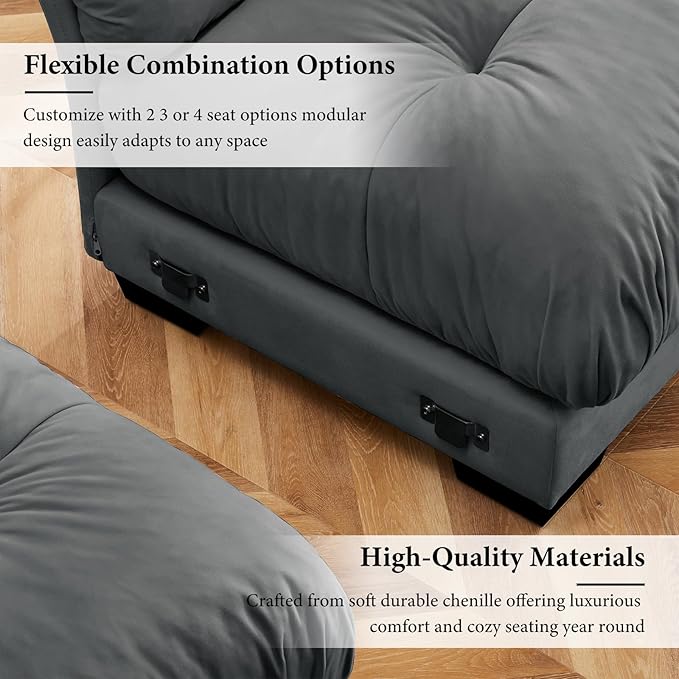 166" Grey Modular Sectional Sofa, 4 Seater Large Sectional Couches for Living Room, Velvet Fabric Oversized Fluffy Cloud Couch with Ottoman, Deep Seat Home Sofas Set, Sofá Moderno