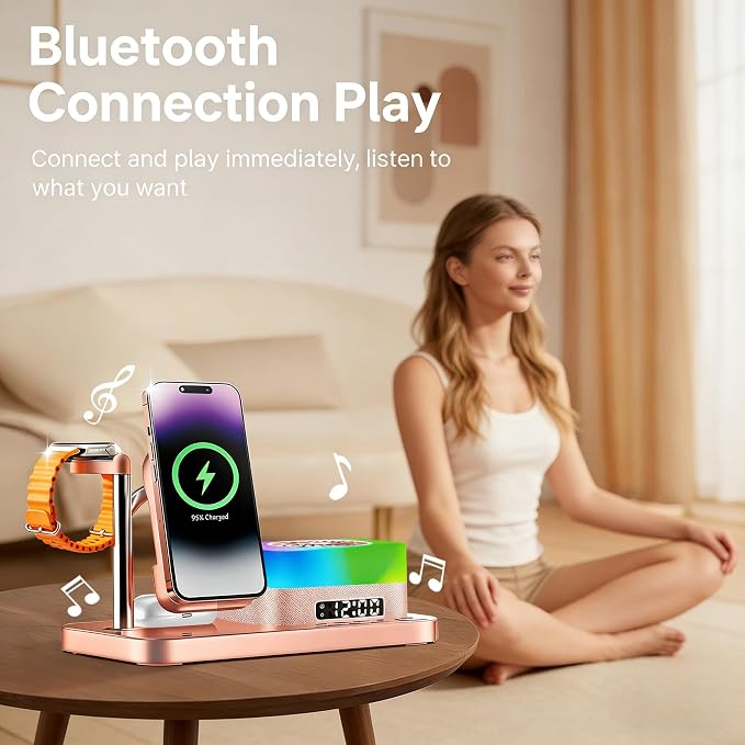 8-in-1 Desktop Charging Station with Bluetooth Speaker RGB Ambient Light Digital Clock Phone Stand Wireless Charger for Phone Watch and Earbuds Black/White (Black)