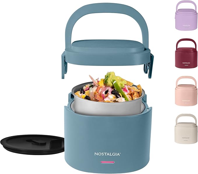 Nostalgia Portable Heated Lunch Box – 2.5-Cup Stainless Steel Food Warmer – Detachable Cord, Leak-Proof Lid, Carry Handle – Portable for Work & Travel – Ocean Blue