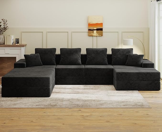 Living&Giving 128" U-Shaped Cloud Sectional Couch for Living Room, Cloud Boneless Couch-No Assembly with Reversible Chaise, Customizable 4-Seat Modular Sectional Sofa with 3 Ottoman, Black