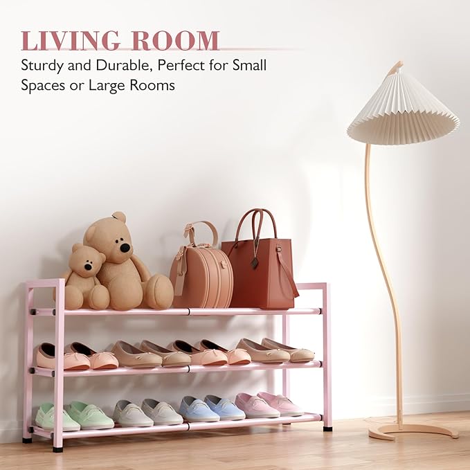 Bumusty 3-Tier Expandable Shoe Rack for Closet, 18“-33” Adjustable Shoe Rack for Small Space, Small Shoe Organizer for Front Door, Sturdy Metal, Pink