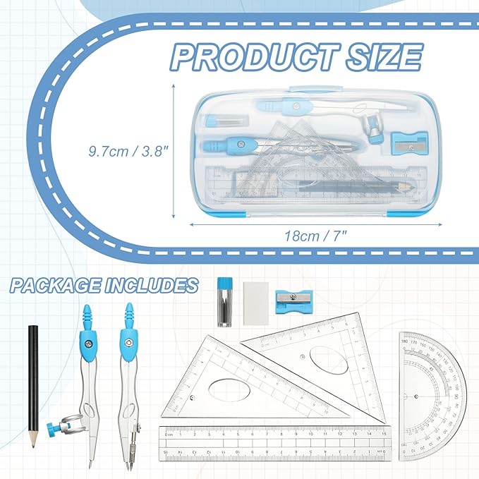 PATIKIL Geometry Precision Tool Set, 11 Pcs Geometry Set Compass Tool with Shatterproof Storage Box Rulers Math Compass Kit for Math Drafting Supplies, Blue(Style 1)
