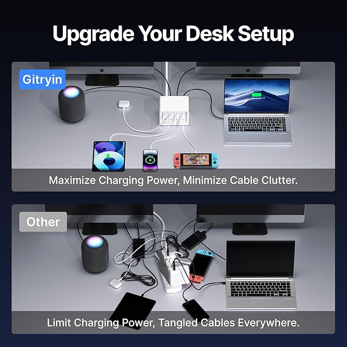 12-in-1 Desktop Charging Station with 3 Retractable Type-C Chargers and 1 Lightning Charger, 40W USB-C Power Strip with 31.5in Cable, Extension Cord with 1020J Surge Protection for Home Office