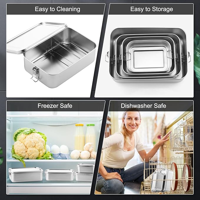 Umigy 3 Pcs Stainless Steel Food Containers 1200/1400/2400ml Metal Bento Lunch Box Stainless Steel Food Storage Containers, Lockable Clips to Leak Proof, Reusable Dishwasher Snack Boxes for Work