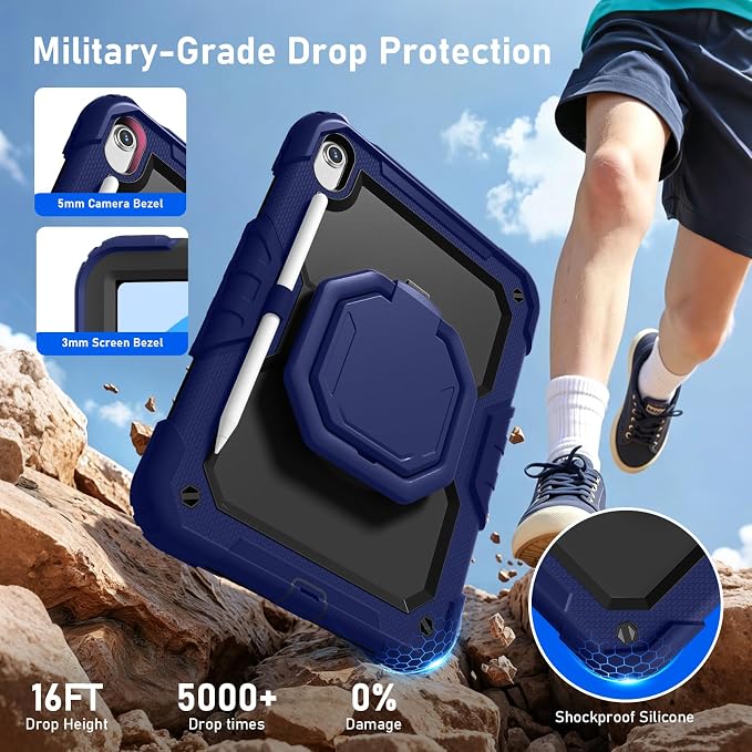 Case for iPad (A16) 11th/10th Generation 11/10.9 2025/2022 Black | Full-body Heavy Duty iPad A16 Case for Adults Kids with Screen Protector 360° Rotating Stand Shoulder Strap Pencil Holder
