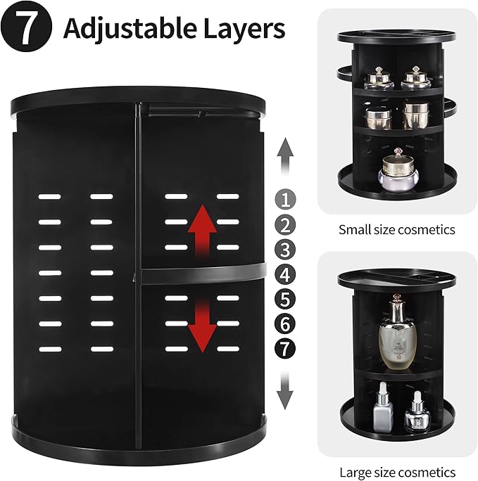 360 Rotating Makeup Organizer,DIY Adjustable Spinning Holder,Foldable Cosmetic Storage Display box,Large Capacity Make up Caddy Shelf,Fits Countertop Vanity and Bathroom (BLACK)