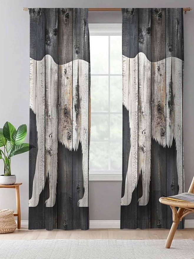 Sheer Curtains 96 Inches Long, Farmhouse Country Vintage Wood Grain Privacy