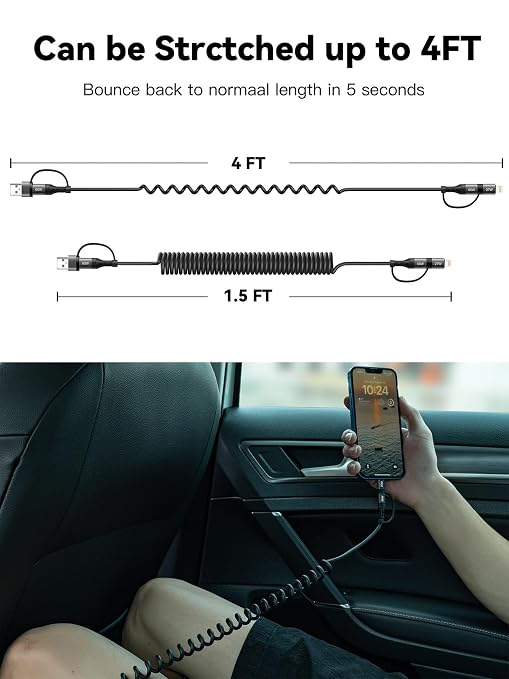 60W Coiled USB C CableiPhone Charger Cable for Car 2Pack 4FT [MFi Certified] Coiled Lightning Cable Fast Charging USB C to Lightning Cord for iPhone17/16/15/14/13/12/11 Series/iPad/MacBook/CarPlay