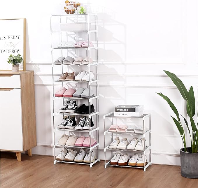 Stackable Small Shoe Rack, Entryway, Hallway and Closet Space Saving Storage and Organization (10-Tier, White)