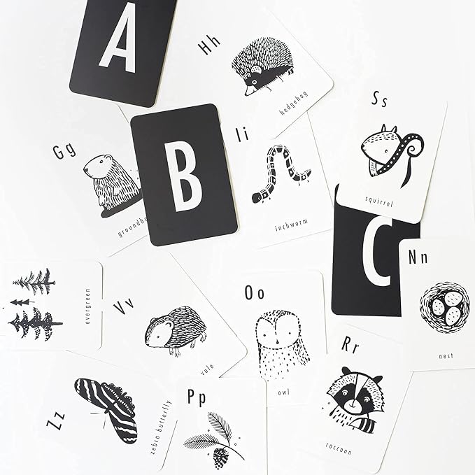 Wee Gallery Educational Flashcards for Babies, Double Sided Black and White Learning Flash cards, Woodland Animal Alphabet Cards for Visual Stimulation and Cognitive Development of Toddlers