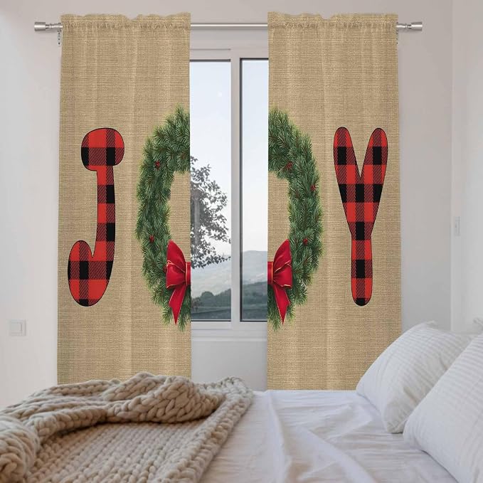 Red Green Christmas Window Curtains 72 Inch Long 2 Panel Set, Rod Pocket Long