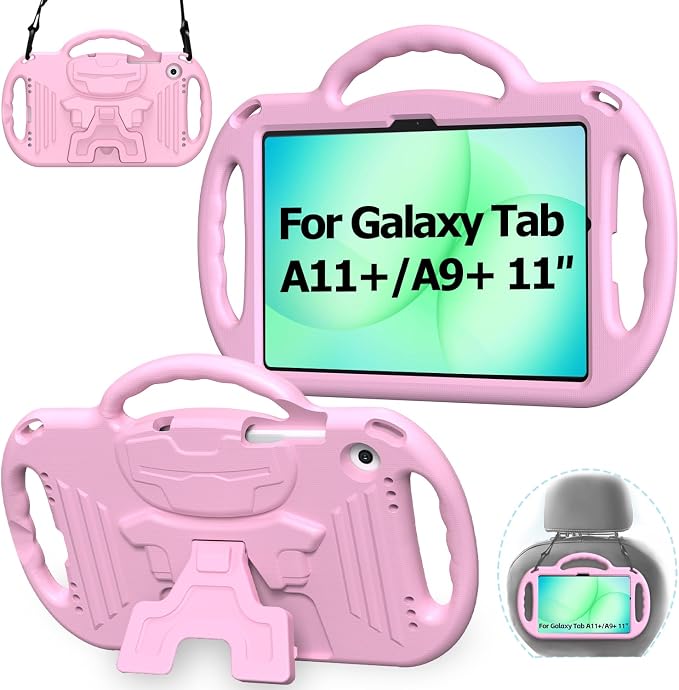 Kids Case for Samsung Galaxy Tab A11+ Plus/A9+ Plus 11 Inch Case with Strap Shockproof Lightweight Handle Stand 2025/2023 Model with Lanyard Black