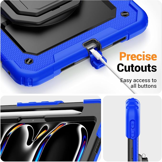 for iPad Pro 11 inch Protective Case M5 2025/M4 2024: Heavy Duty Shockproof Case with Pencil Holder - 360°Rotating Handle/Stand - Screen Protector - Shoulder Strap Black/Sky Blue