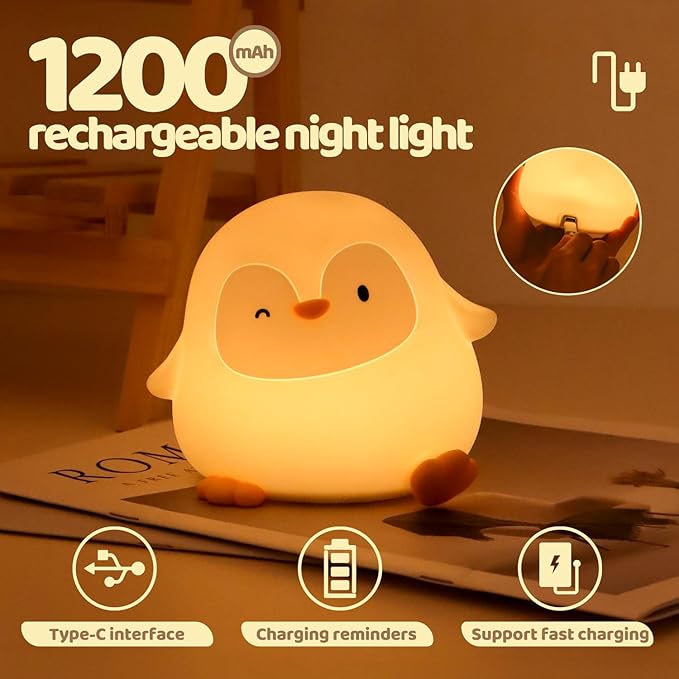 Rytinazzz Penguin Night Light, 50-Hour Battery & Pat Control, Squishy Silicone Lamp for Kids Nursery, USB Rechargeable with Timer, Valentines Gifts