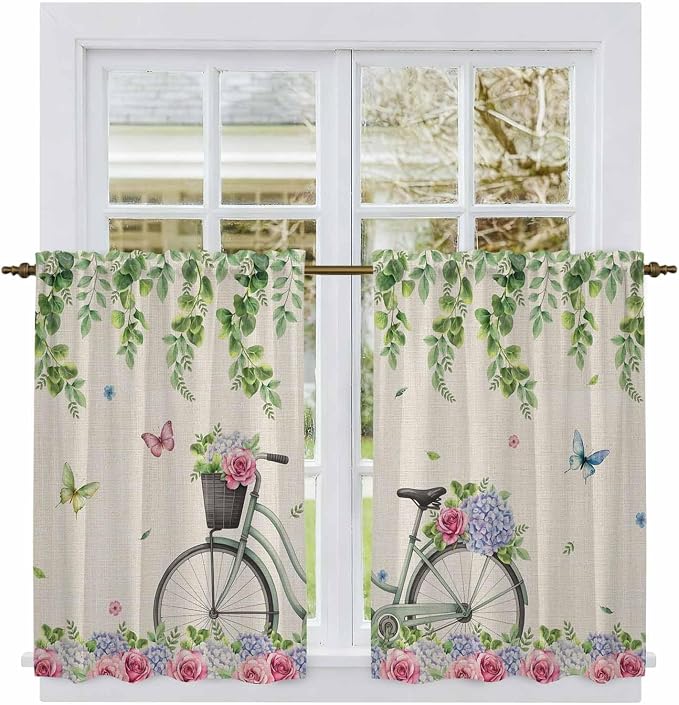 Farmhouse Spring Kitchen Curtains, Retro Bicycles Flowers Vines Butterfly Light