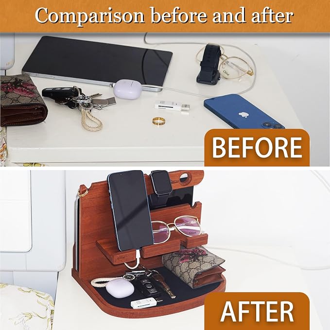 Krismax Wood Phone Docking Station for MenHusbandDad-Nightstand&ampDesk Organizer-Anniversary from Wife-Key Watch&ampEssentials