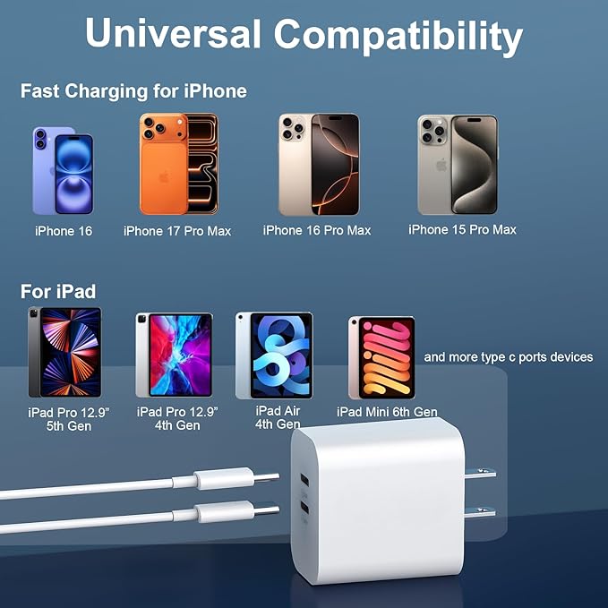 USB C Charger for iPhone 17/16/15 Pro Max Charger Fast Charging 10FT, 20W C Charge Block with USB C to C Cord Cable Compatible for iPhone 17 16 15 Pro Max/17 16 15 Pro/17 16 15 Plus/17 16 15