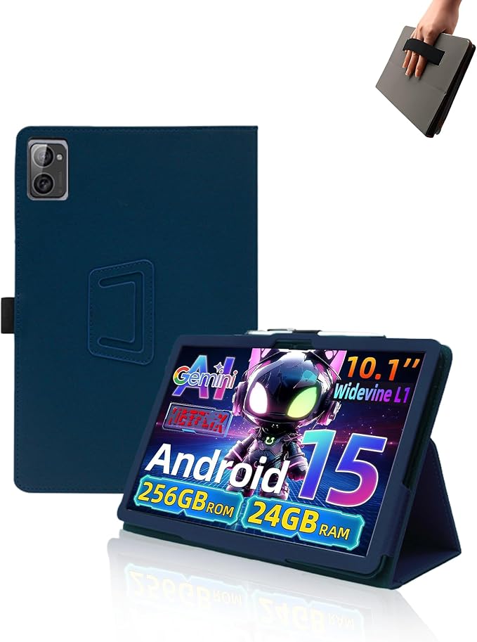 Case for VekfulPC T20 Tablet 10 Inch Android 15 TabletUYRUREL Leather Slim Folding Stand Cover with Hand Strap Magnet for Men Women Full ProtectionBlack.