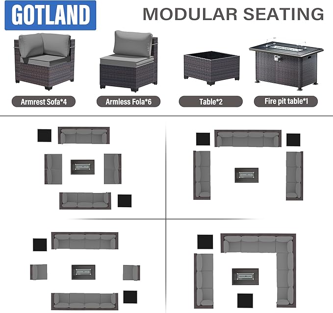 Gotland 13 Pieces Patio Furniture Set with Fire Pit Table, All Weather PE Rattan Outdoor Furniture with 29.5'' High Backrest 4’’ Thick Cushions Coffee Table, Patio Conversation Set for Deck, Gray