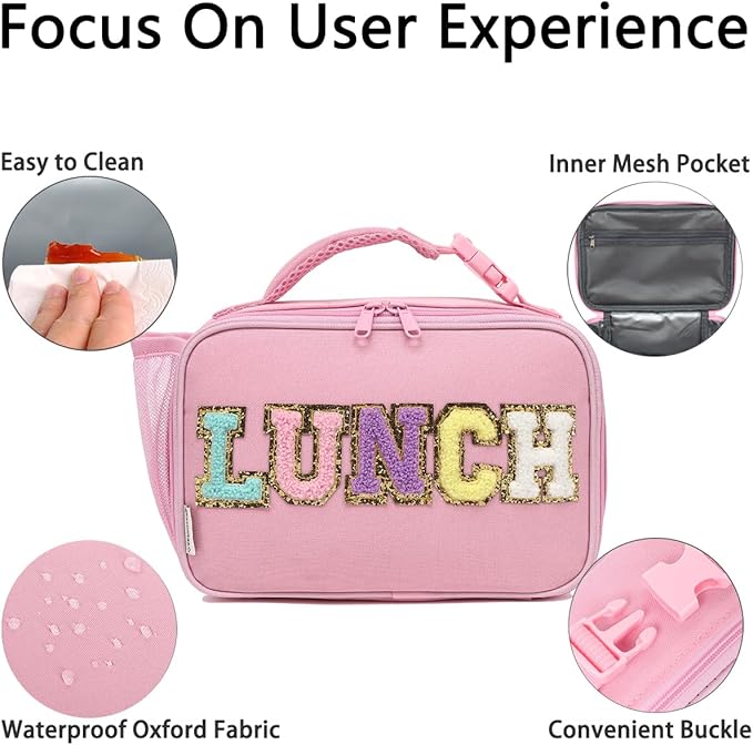 Insulated Lunch Box for School, Thermal Reusable Durable Freezable Lunch Bags for Kids Boys Girls Men Women - Small Soft Cooler Portable Lunch Tote Kit for Work Picnic Travel,Pink Alphabet