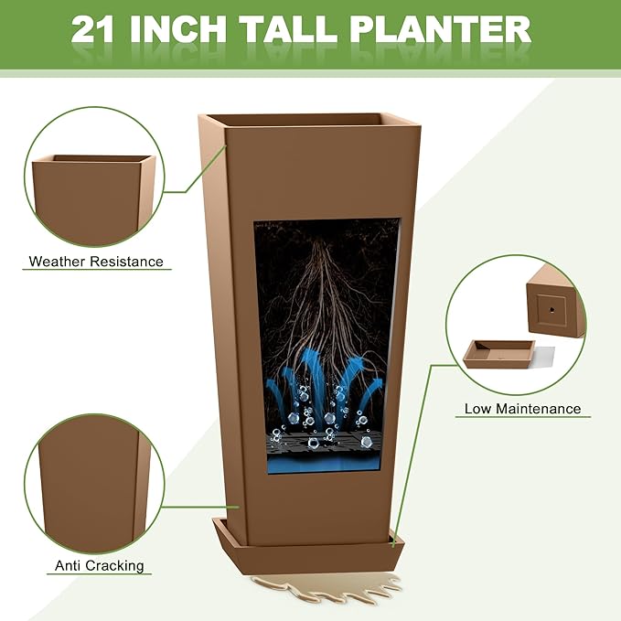 FENCY Set of 2 Tall Planters for Outdoor Plants, 24 Inch Large Tapered Pots with Drainage Trays, Weather-Resistant Plastic Plant Containers for Patio, Porch, Garden, Front Door Decor,Brown
