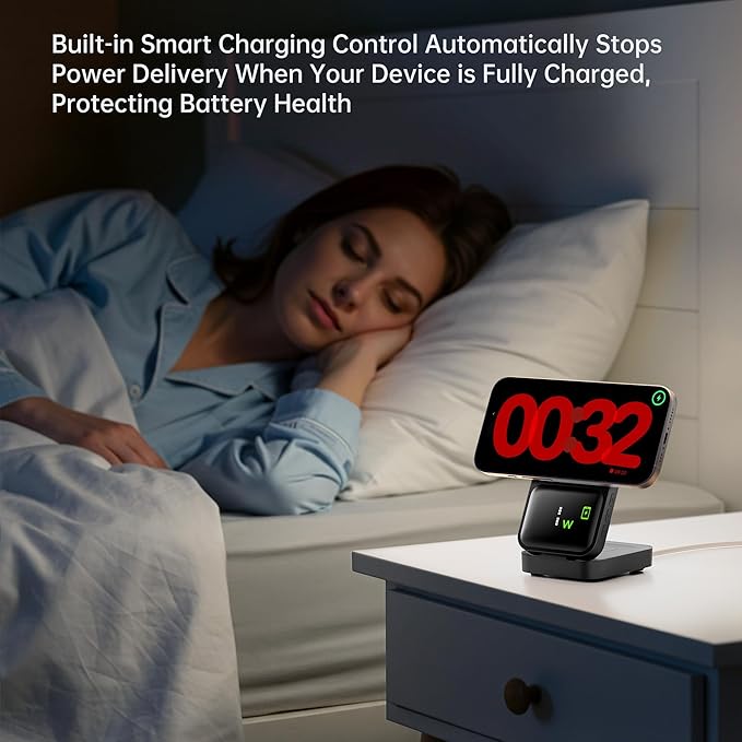 GUSGU MagTime 3 in 1 Wireless Charging Station with Real-Time Power and Time Display, Foldable Wireless Charger Stand, Compatible with iPhone 16/15/14/13/12, iWatch S1-10/Ultra, AirPods-Black