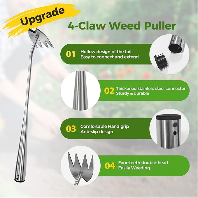 Gardening Hand Weeder Tools, 2025 New Weeding Artifact Uprooting Weeding Tool, 4-Teeth Garden Weed Puller Tool Stainless Steel Manual Weeders for Digging, Weed Removal
