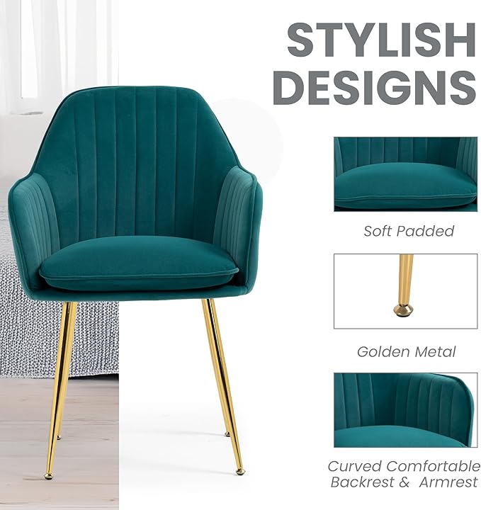 ECOTOUGE Matte Velvet Dining Chairs Set of 6, Modern Arm Chair with Golden Metal Legs, Living Room Accent Chairs for Kitchen, Emerald Green