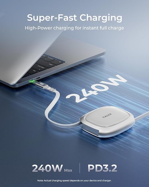 TALIX 240W Retractable USB C to USB C Cable PD 3.2 Fast Charging-3.94FT | Mag Snap Storage E-Marker Chip Anti-Tangle Retractable Cord for Travel MacBook iPhone 17 Samsung S25