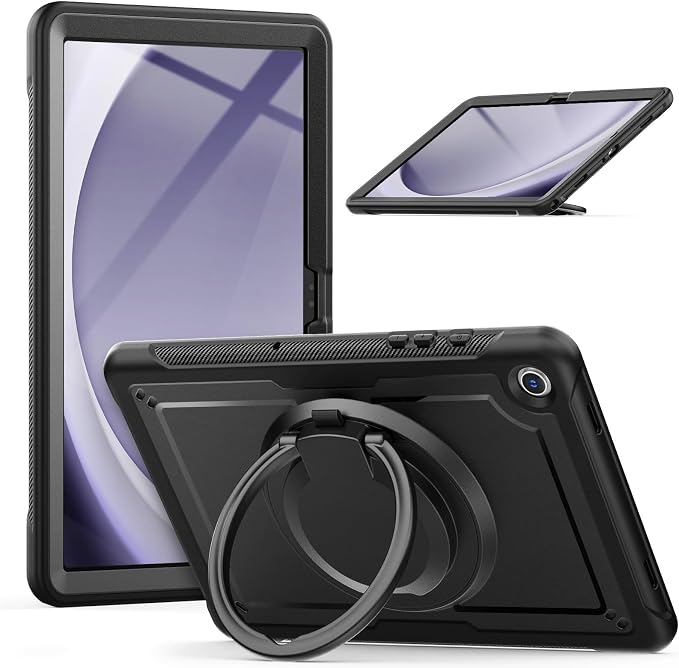 for Samsung Galaxy Tab A9 Case 8.7 inch (SM-X110/X115/X117) with Shoulder Strap 360° Rotatable Kickstad Shockproof Protective Case Cover for iPad mini 7 A17 Pro Black
