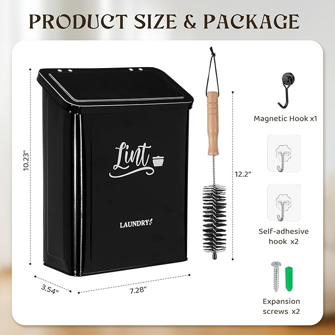CINPIUK Magnetic Lint Bin for Laundry Room with Brush & Hook - Large Laundry Organizer and Storage, Wall Mounted Trash Can with Lid, Space-Saving Dryer Lint Holder Laundry Room Decor, Black