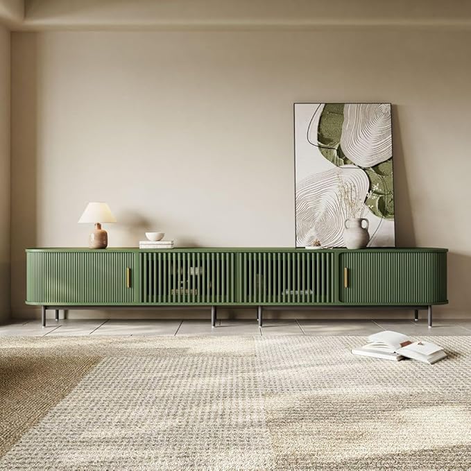POVISON Fully-Assembled Modern Green TV Stand with Tambour Doors, Fluted TV Media Console for 100 Inch TVs, Sliding Door Entertainment Center with Storage for Living Room (Green, 118.11")