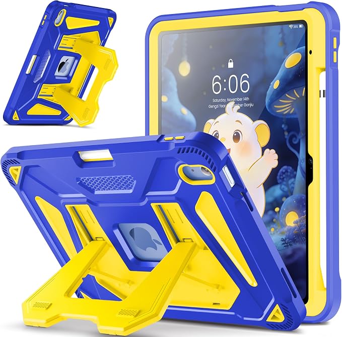 INFILAND Kids Case for iPad A16 11th Generation 11 Inch (2025) iPad 10th Generation 10.9 Inch (2022) Heavy Duty Rugged Shockproof Protective Cover with Dual-Support Folding Kickstand (Black)
