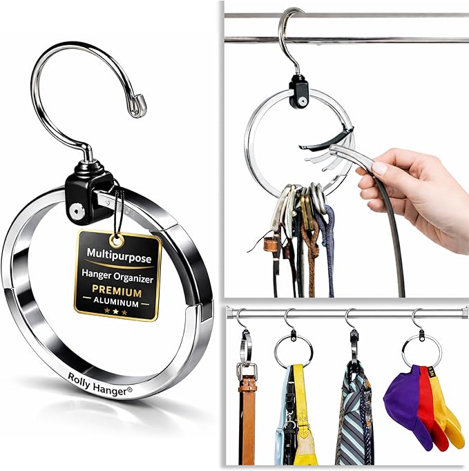 Rolly Hanger® Closet Space Saver – Premium Rotating Aluminum Organizer for Belts, Ties, Hats & Handbags – Heavy Duty 360° Swivel – Declutter & Maximize Storage (1 Pack)