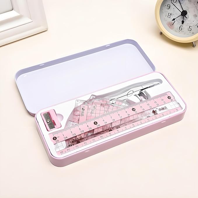 8 Pcs Compass/Math Set for Students with Shatterproof Storage Box, Geometry Set for School, Includes Ruler, Protractor, Compass, Pencil,Pencil Sharpener and Eraser,etc. Perfect Gift (Pink)
