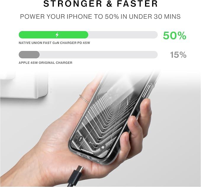 Native Union Fast GaN Charger PD 45W – Ultra-Compact Power Delivery Enabled USB-C – Made of Recycled Materials – for MacBook Air iPads iPhones Pixel Galaxy &amp Other USB-C Devices (Black)