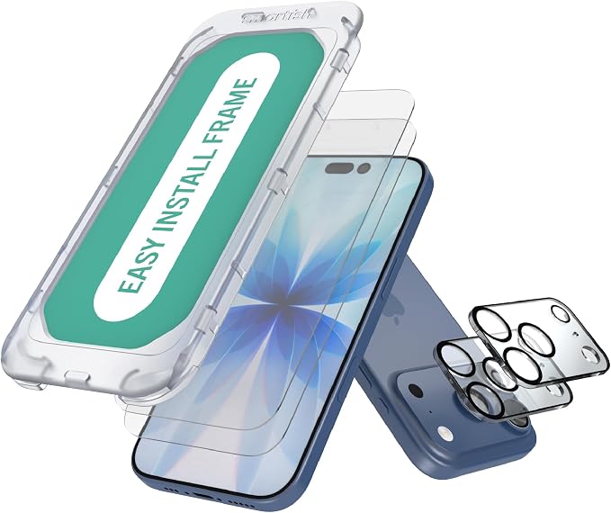 Smartish® iPhone 17 Pro Screen Protector + Camera Lens Covers - Tuff Sheet - 2-Pack Tempered Glass 9H Easy Install Frame Case-Friendly - Dynamic Island for Apple iPhone 17 Pro - Clear 2-Pack