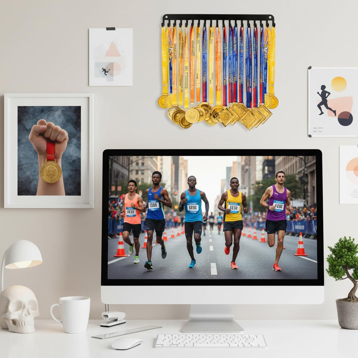 PercyEffie 4 Pack Medal Holder Hanger Display with 20 Hooks Wall Mounted Sport Metal Medal Display Hanger Rack for Running Marathon Gymnastics Soccer Wrestling Black