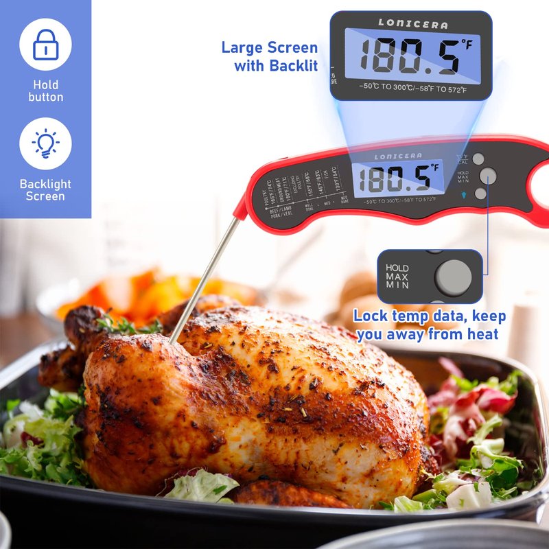 Lonicera Meat Thermometer Digital for Cooking Food. Waterproof & Instant Read for Kitchen Baking, BBQ. with Foldable Probe, Backlight & Calibration (Red)
