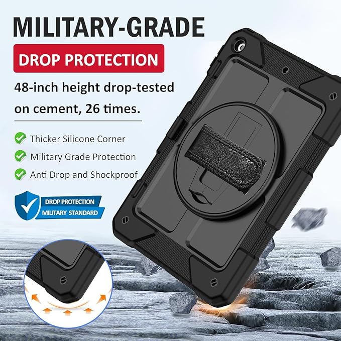 BMOUO for iPad 9th/8th/7th Generation Case 10.2 Black | Shockproof Rotating Stand Shoulder Hand Strap iPad 9th/8th/7th Generation Case with Pen Holder for iPad 10.2“ 2021/2020/2019