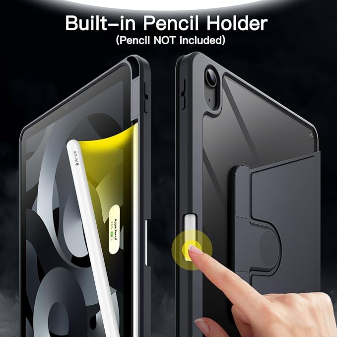 JETech Rotating Case ONLY for iPad Air 11-Inch M4/M3/M2 (2026/2025/2024) iPad Air 5/4 (2022/2020 5th/4th Generation 10.9-Inch) 360 Degree Rotation Protective Stand Cover Clear Back (Black)