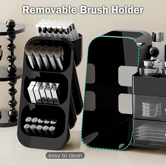 Makeup Organizer for Vanity with Brush Holder, Countertop Organizer with 2 Drawers, Spacious Cosmetic Display Case for Beauty Essential, Skincare, Lipstick