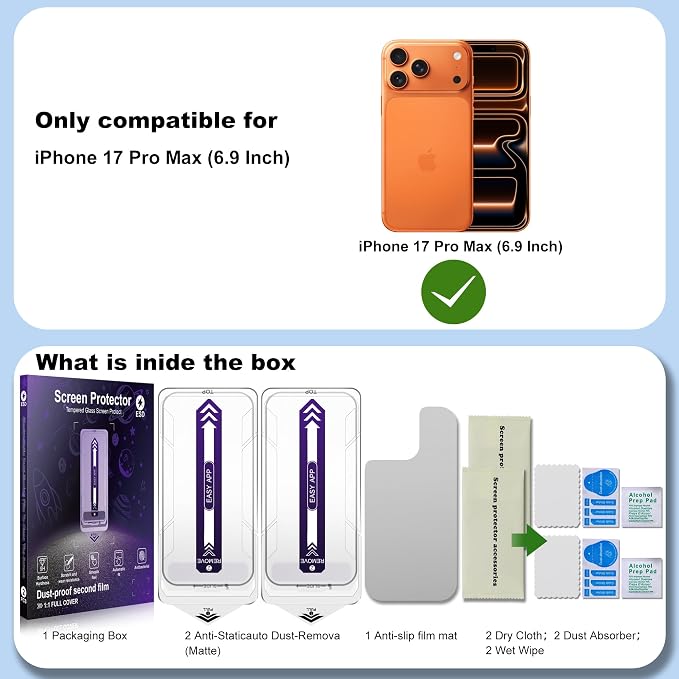 2 Pack Matte Glass Screen Protector for iPhone 17 Pro MaxMatte Anti-Glare Tempered GlassAnti-FingerprintAnti-Reflection Auto Alignment Scratch Resistant 9H Glass Screen Cover