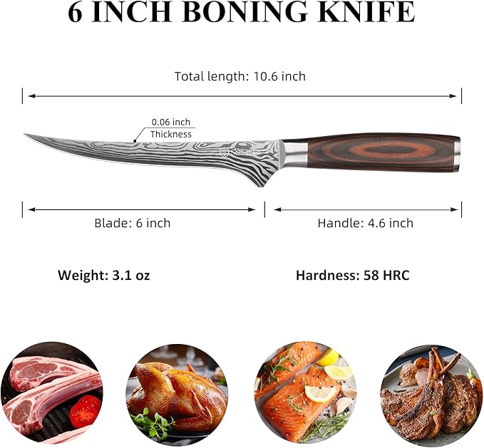 Sunnecko 6 Inch Boning Knife, High Carbon German Steel Meat Butcher Knife