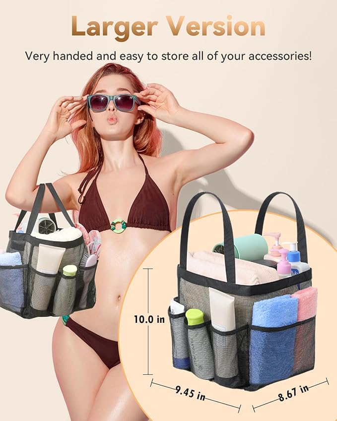 Temede Mesh Shower Caddy Tote, Large Shower Caddy Basket Portable, Quick Dry Hanging Toiletry Bag, 8 Storage Pocket Handle Bath Organizer for College Dorm, Gym, Camp, Travel