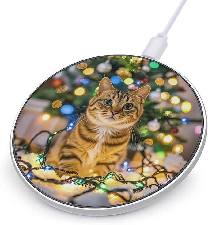 A Cat and Christmas Lights Wireless Charger 10W Portable Fast Wireless Charging Pad Compatible with Phone Slim Charging Station Lightweight Charger Mat Charging Block for Travel Home Office