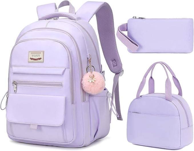 School Bag for Teens Girls,Girls Backpack Set,3 PCS Kids Backpack for Women,15.6 Inch Laptop Middle High School College Student Casual Travel Daypack with Lunch Box Pencil Pouch Set(Purple)