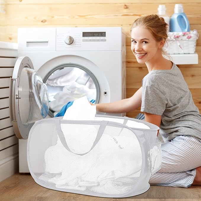 Strong Mesh Pop Up Laundry Basket, Collapsible Laundry Hamper with Side Pocket, Foldable Clothes Pop Up Hamper with Durable Reinforced Handles for Laundry, Bathroom, Kids Room, Dorm or Travel White
