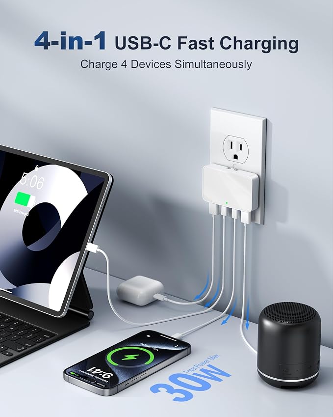 USB C Wall Charger Super Thin Flat USB Wall Plug with 4 Ports Fast Charging USB Plug Adapter with PD20W for Home and Travel (Blue)