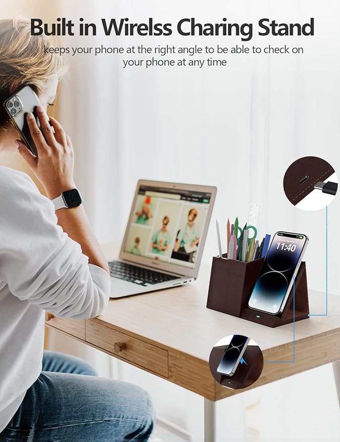 Bamboo Pen Holder for Desk &amp Nightstand Organizer with Fast Wireless Charging for iPhone Samsung &amp More – Office Desk Accessories for Men/Women (Bamboo)